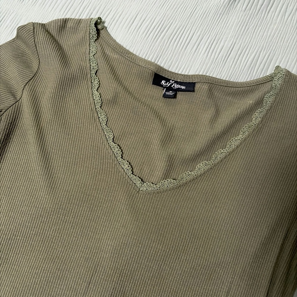 Ribbed Olive Green Top with Lace Trim